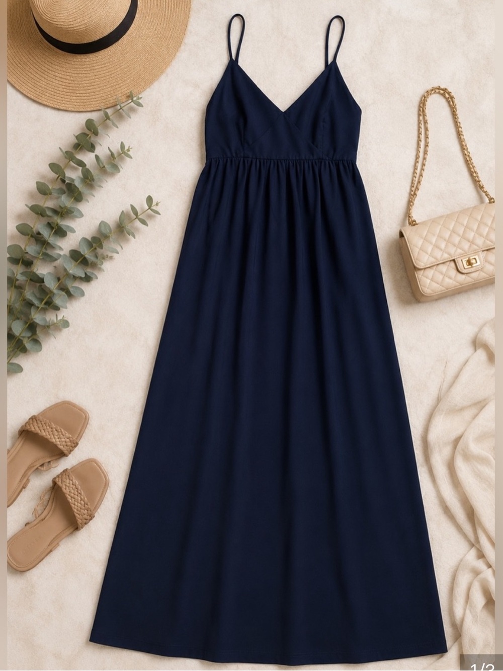 Quince Navy Spaghetti Strap Maxi Dress cotton blue